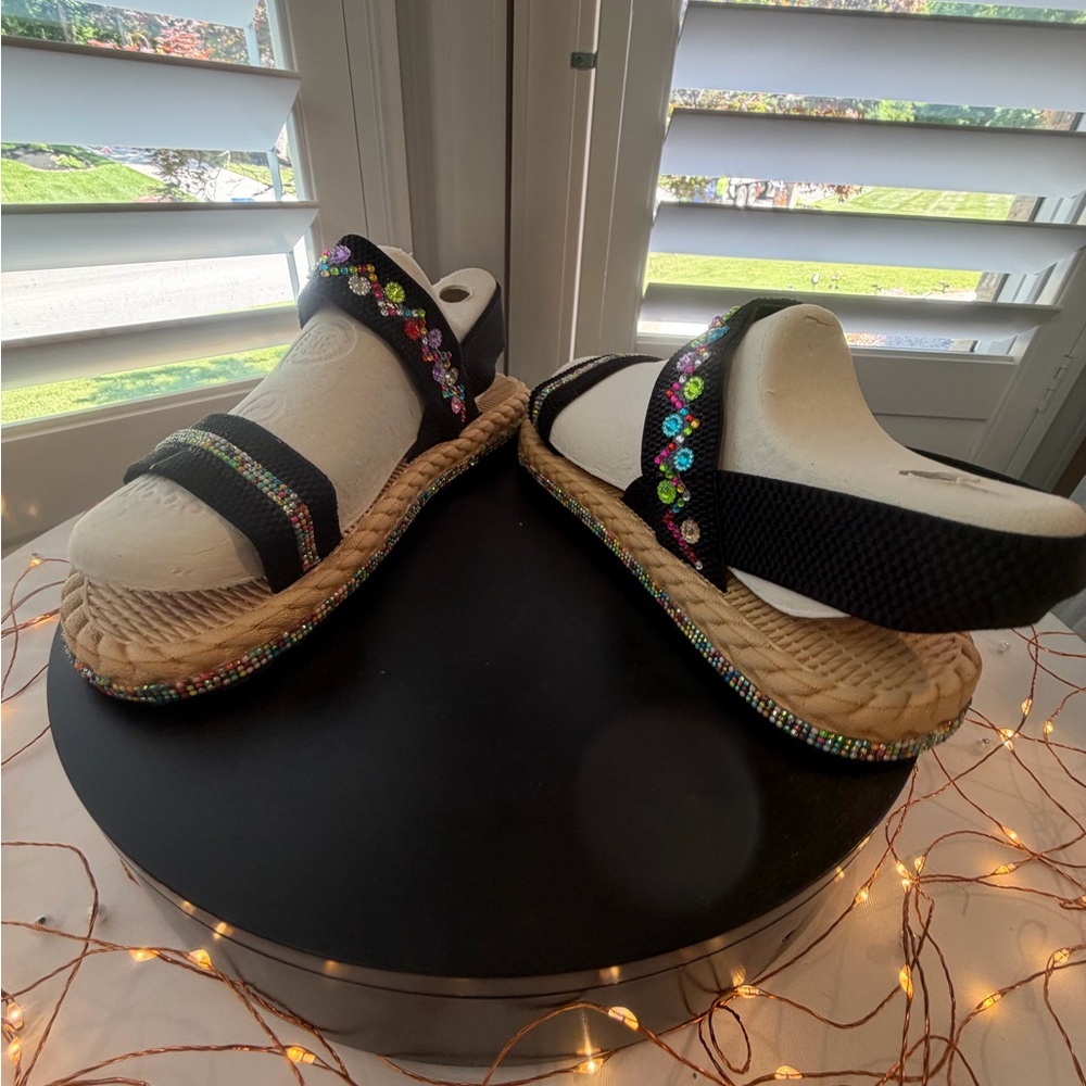 Hand embellished customized Beaded Black Strap Espadrille Sandals, size 38